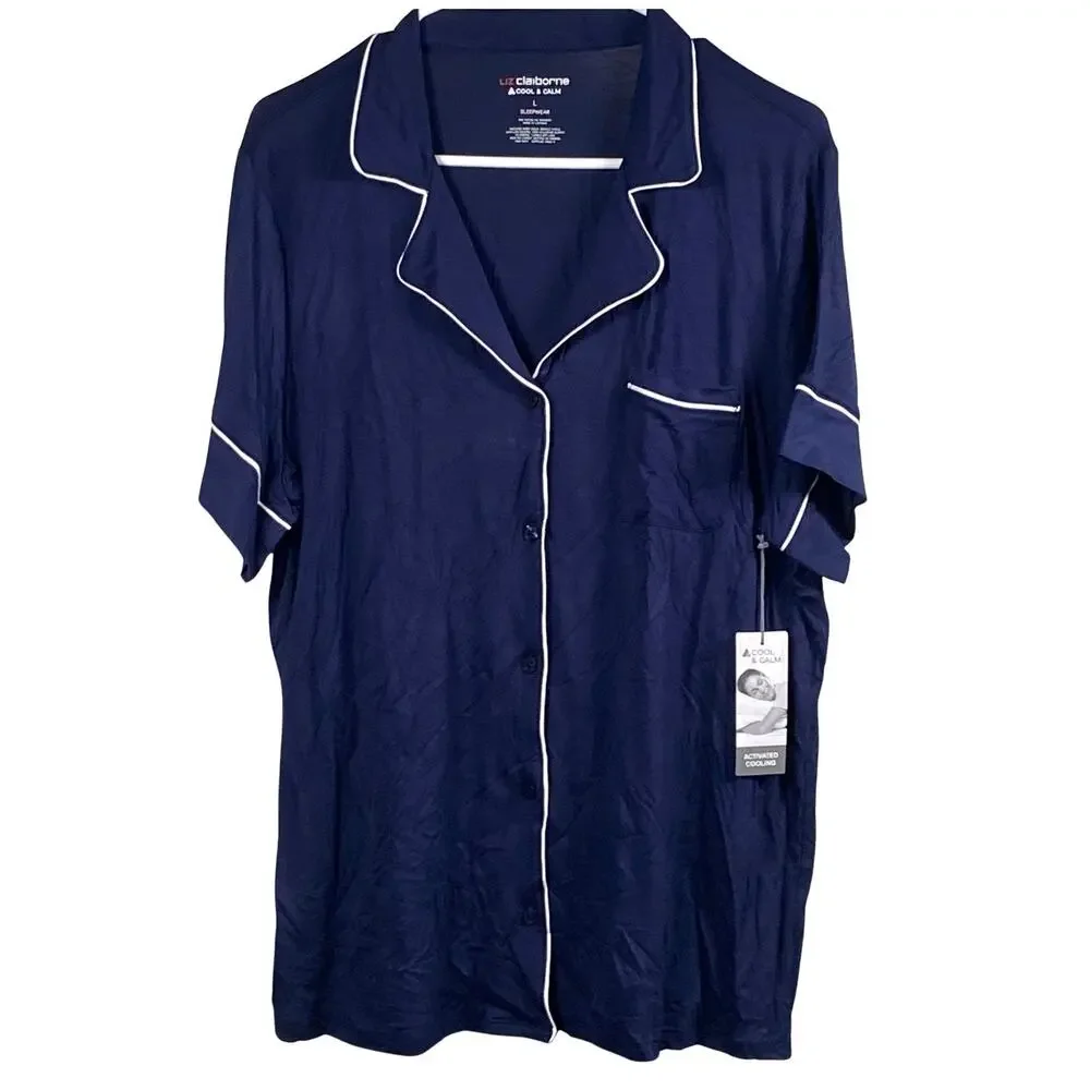 Liz Claiborne Womens Large Vneck Sleepwear Top Navy Blue White Trim Peacoat NEW